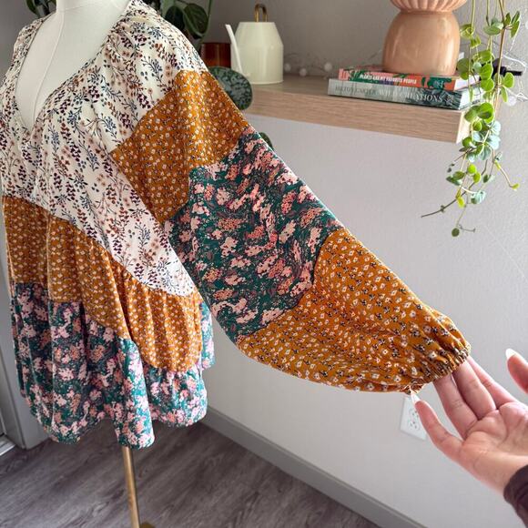 Patchwork Long Sleeve V Neck Blouse L Boho Lagenlook Cottagecore Fall Lagenlook - Picture 5 of 9